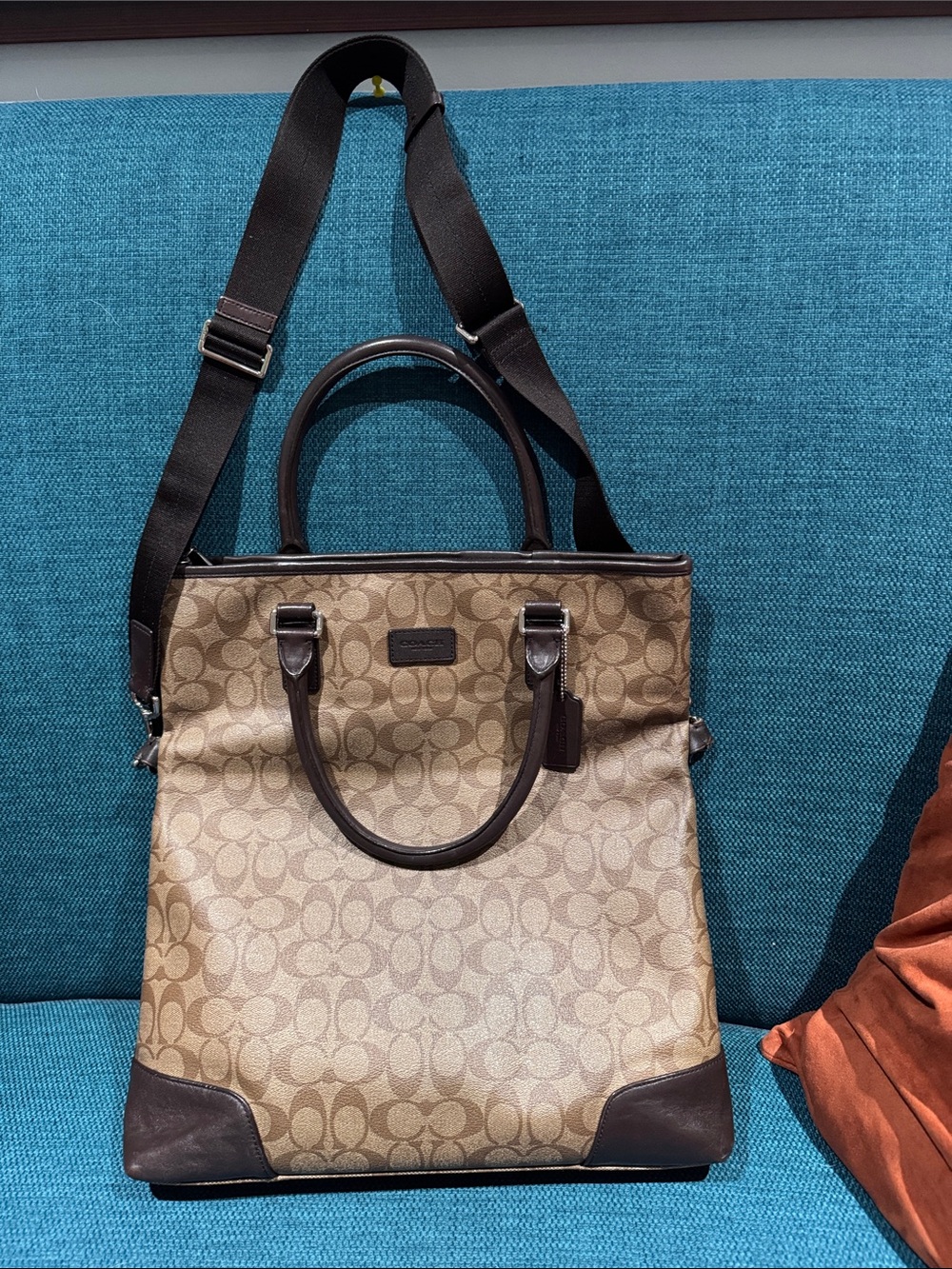 Coach woman’s Signature Messenger Tote in Khaki and Brown